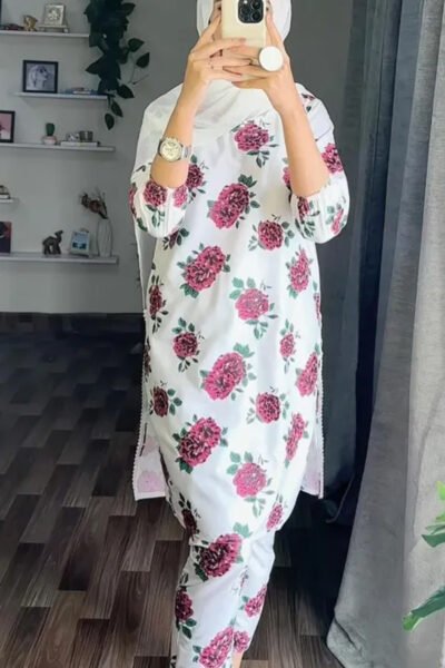 Stitched 2Pcs Gulab print white dress - Dress For Women
