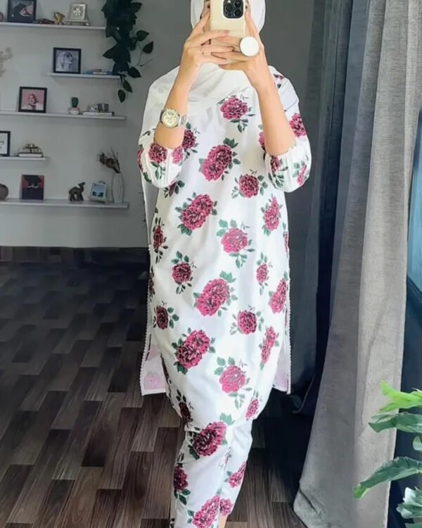 Stitched 2Pcs Gulab print white dress - Dress For Women