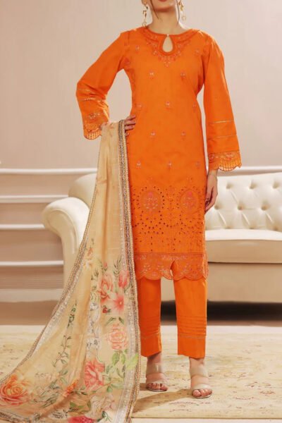 3Pcs Unstitched Emb Dress with Printed Zari Dupatta